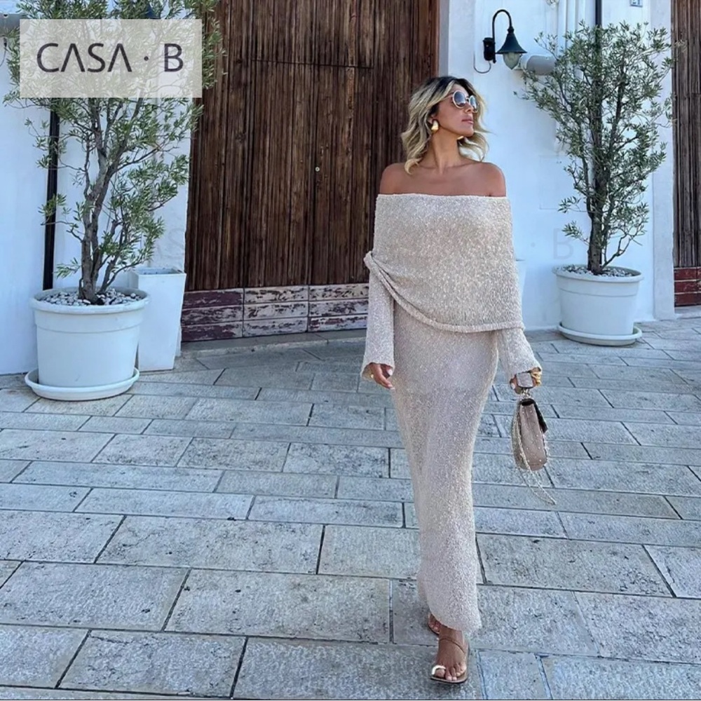 NEW to CASA B💫| Soriana Off the Shoulder Boucle Long Sleeve Draped Maxi Dress - Picture 2 of 13